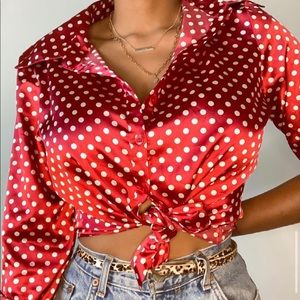 Cute satin polka dot button up long-sleeved shirt